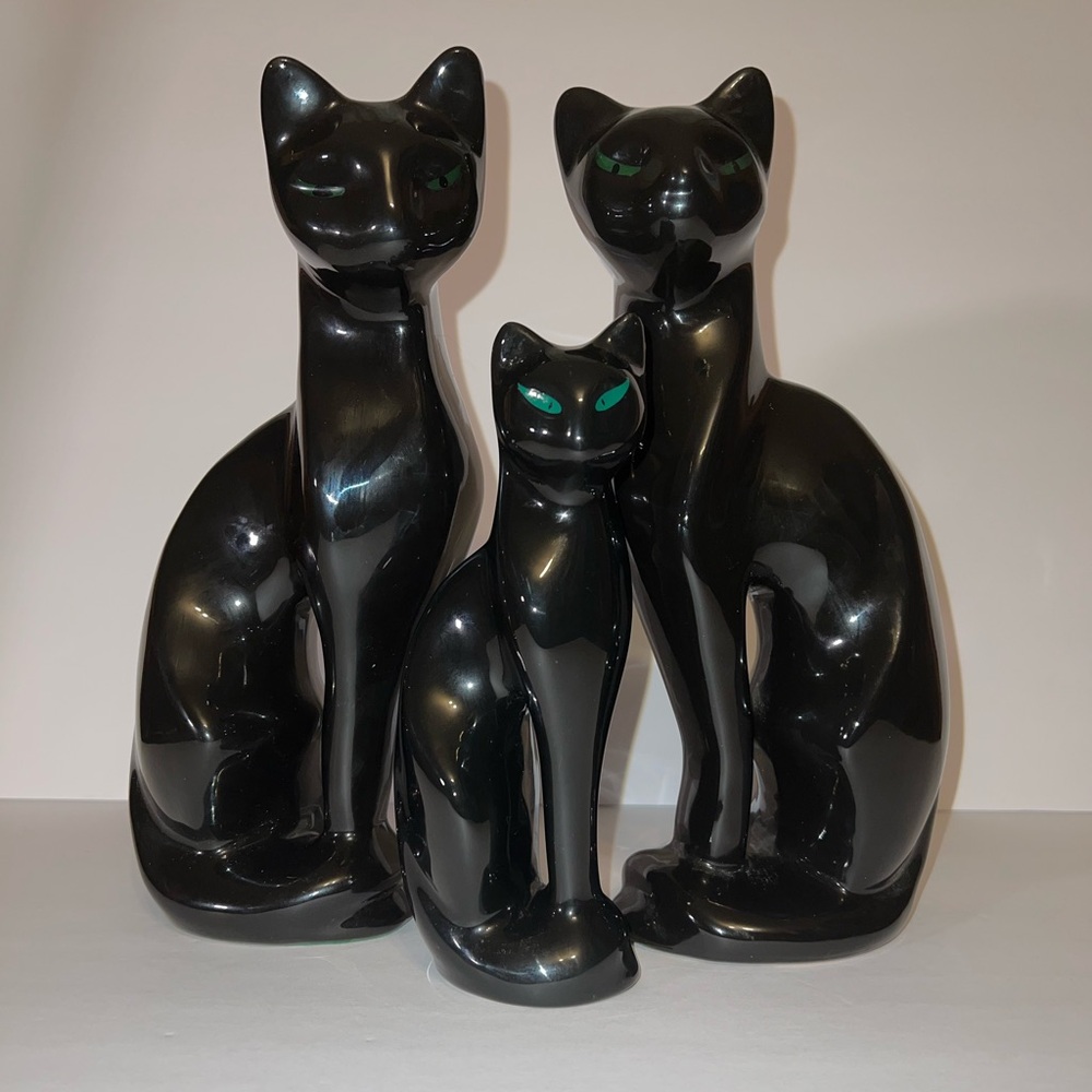 Vintage Set of Three MCM Style Ceramic Black Cats with Green Eyes